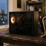A minimalist PC case, softly lit from within by a single warm fan light, sits on a dark wooden desk next to a gaming headset