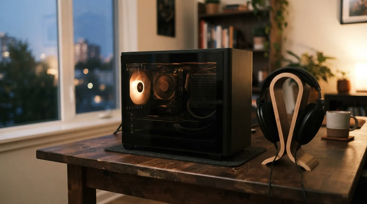 A minimalist PC case, softly lit from within by a single warm fan light, sits on a dark wooden desk next to a gaming headset