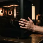 A shallow depth of field close-up of a dark gaming PC tower, softly illuminated by warm internal fan light