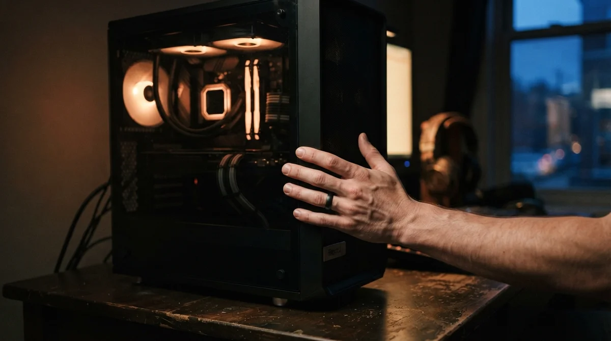 A shallow depth of field close-up of a dark gaming PC tower, softly illuminated by warm internal fan light