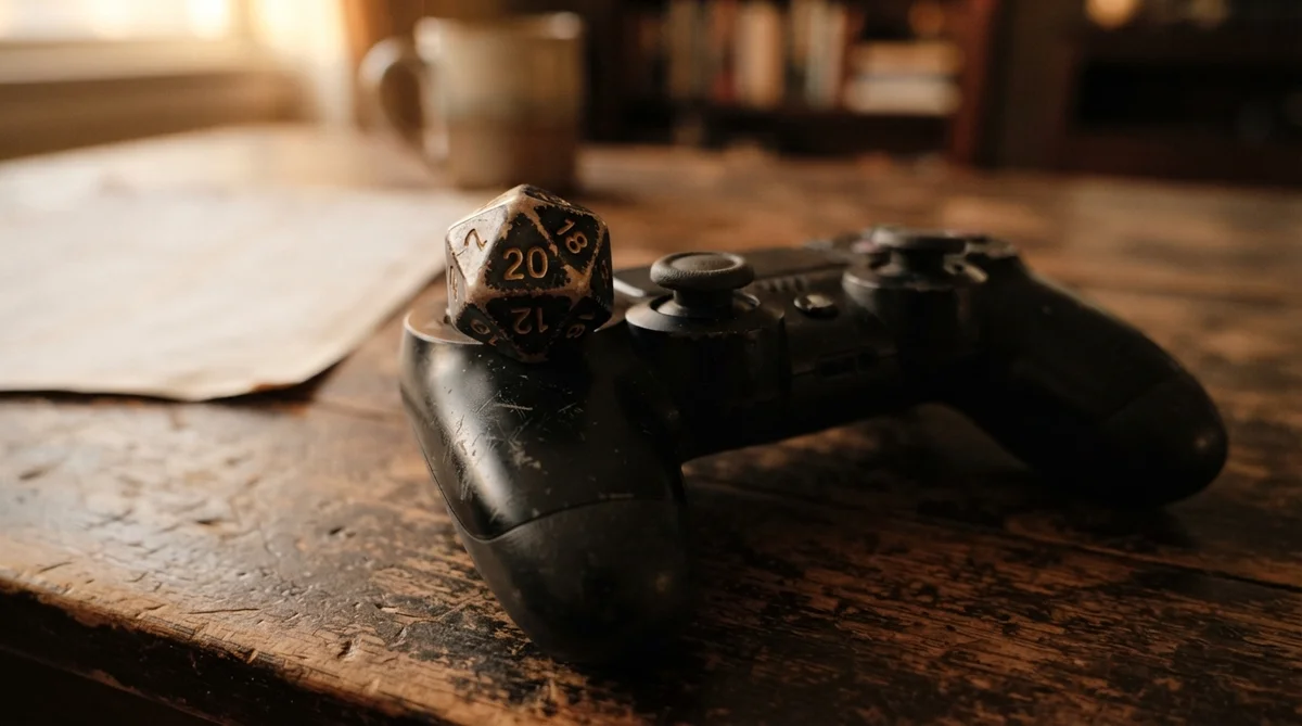 A twenty-sided die resting on a black game controller atop a weathered wooden table