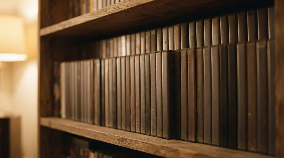 A slightly dusty, well-organized wooden shelf overflowing with generic, unbranded video game cases, some subtly worn