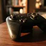 A dusty black game controller sits on a wooden surface in a room with blurred background shelving