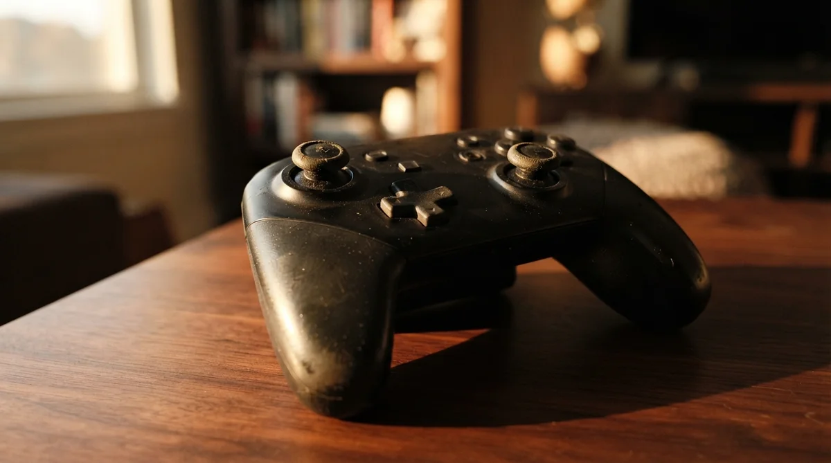 A dusty black game controller sits on a wooden surface in a room with blurred background shelving