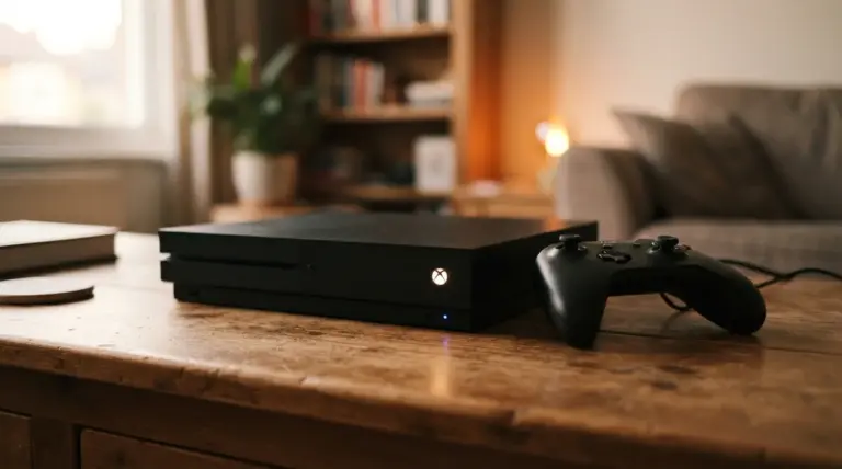 An Xbox One X console and a black game controller resting on a wooden table in a living room