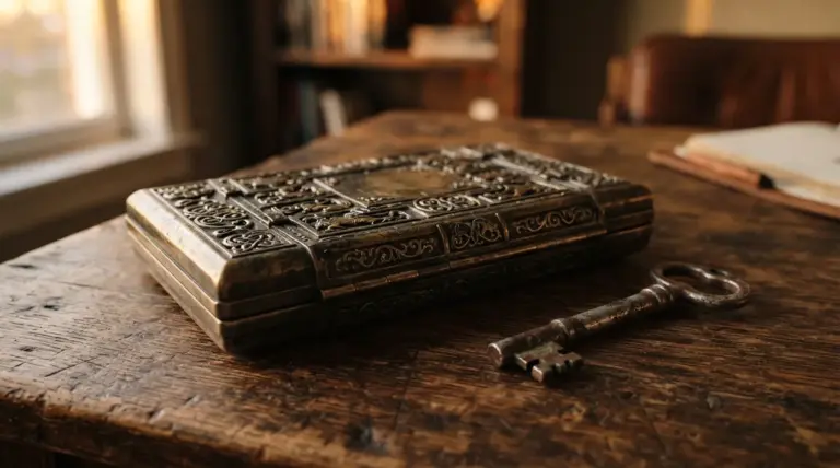 An ornate, rectangular metal box with a matching vintage key resting on a rustic wooden table