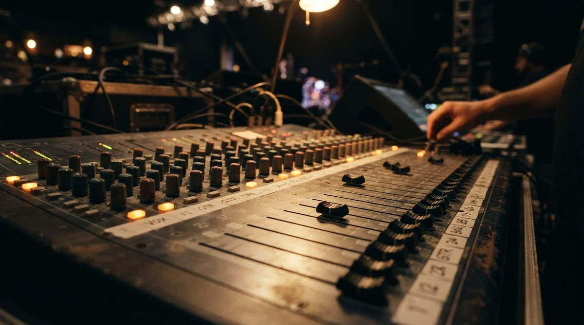 A sound mixing console being operated by a person at a dark concert venue
