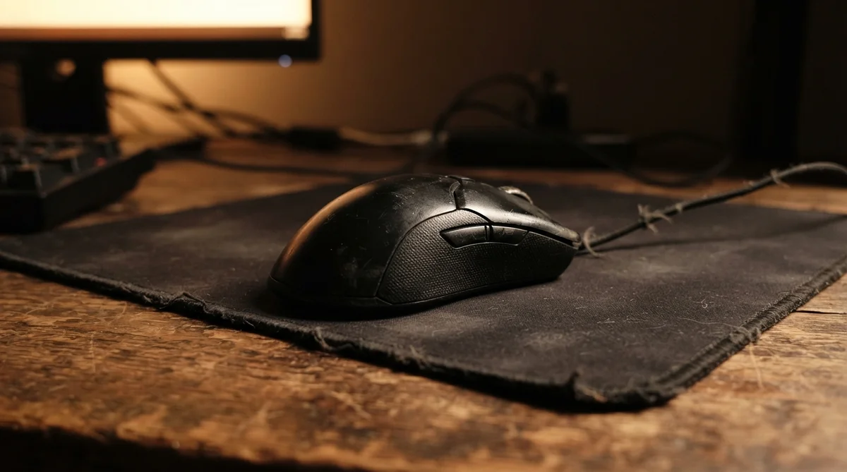 A black gaming mouse sits on a worn mousepad on a rustic wooden desk with a monitor background
