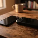 A smartphone and a handheld gaming console sit on a wooden table next to a coffee mug