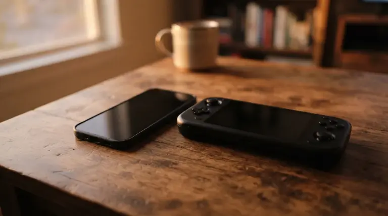 A smartphone and a handheld gaming console sit on a wooden table next to a coffee mug