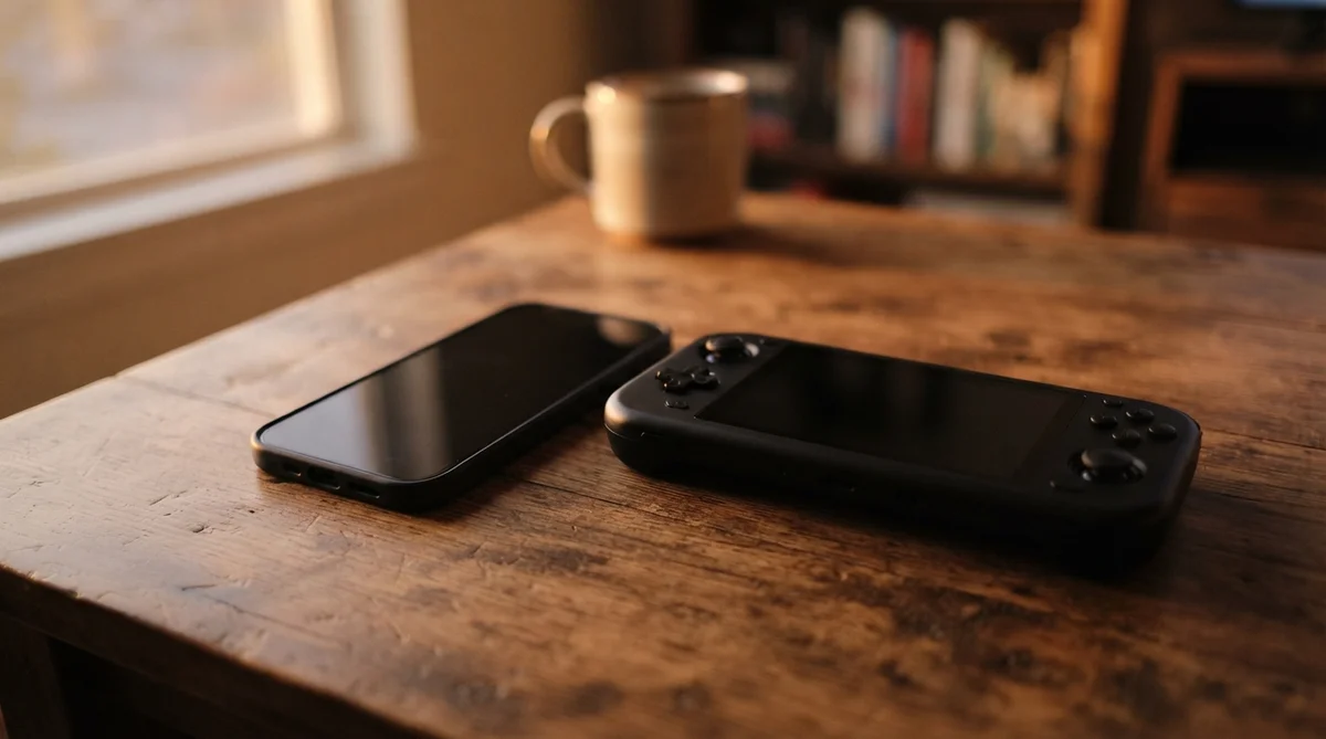 A smartphone and a handheld gaming console sit on a wooden table next to a coffee mug