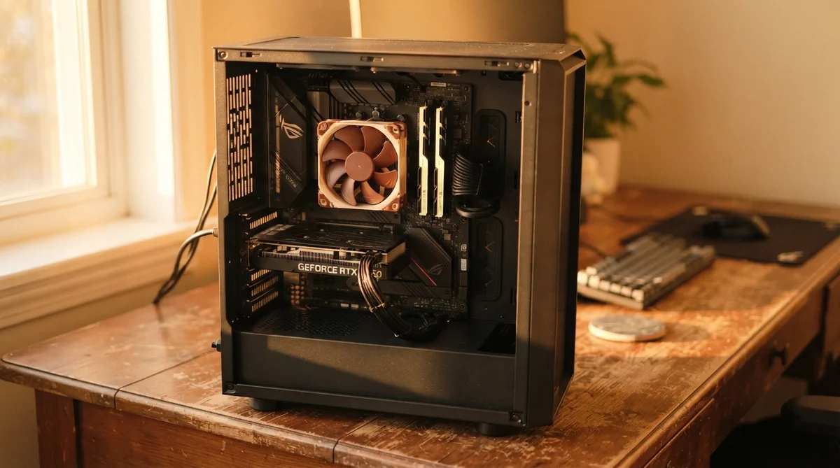 A desktop computer case with exposed internal components sits on a wooden desk next to a keyboard