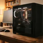 A black desktop computer sits on a wooden desk next to a keyboard, mouse, and monitor in a room