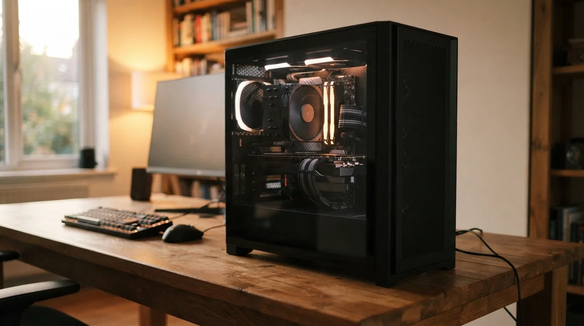 A black desktop computer sits on a wooden desk next to a keyboard, mouse, and monitor in a room