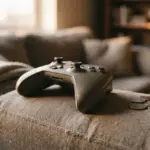 An Xbox controller rests on a grey couch next to three small coins