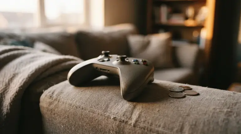 An Xbox controller rests on a grey couch next to three small coins