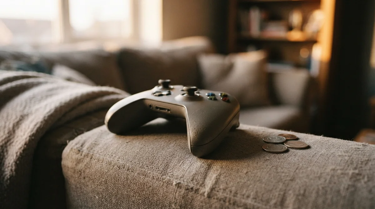 An Xbox controller rests on a grey couch next to three small coins