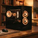 A desktop computer with illuminated fans sits on a wooden desk next to a keyboard and gaming mouse