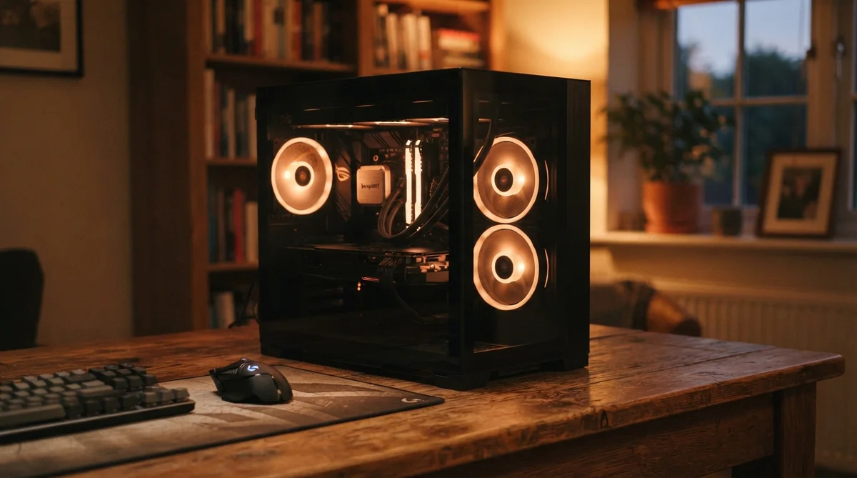 A desktop computer with illuminated fans sits on a wooden desk next to a keyboard and gaming mouse