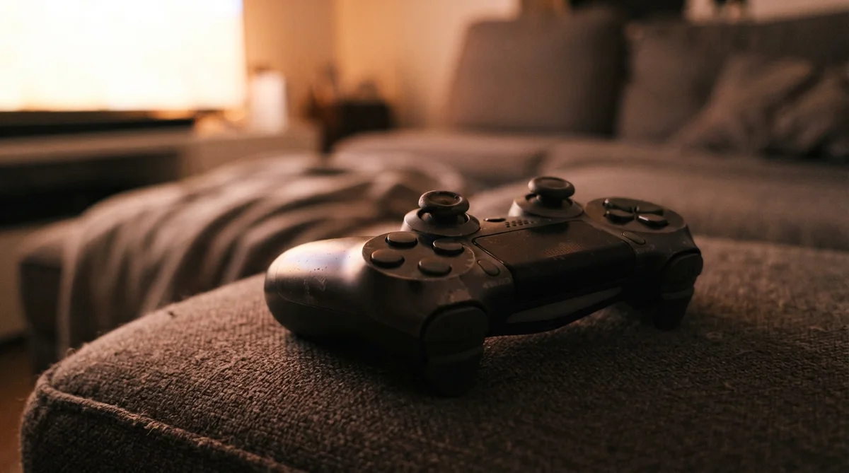 A PlayStation 4 controller rests on a grey textured fabric ottoman in a blurred living room