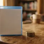 A blank blue Blu-ray case next to a small stack of coins on a wooden table