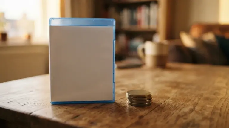 A blank blue Blu-ray case next to a small stack of coins on a wooden table