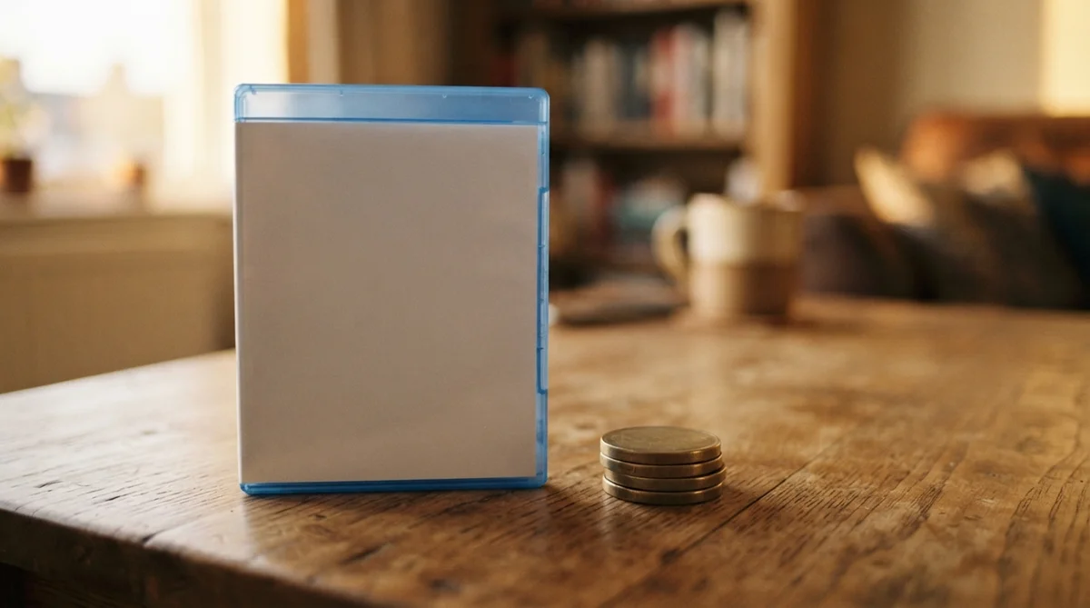 A blank blue Blu-ray case next to a small stack of coins on a wooden table