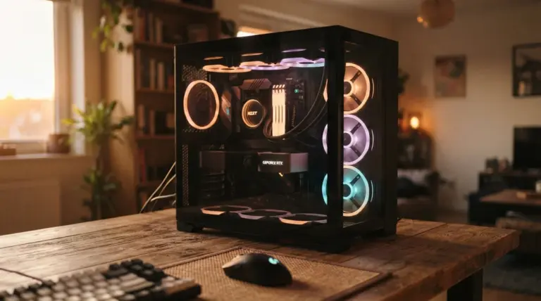 A desktop computer with glowing fans sitting on a wooden desk in a room with a bookshelf