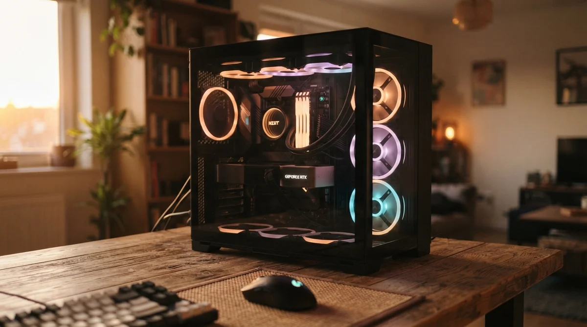 A desktop computer with glowing fans sitting on a wooden desk in a room with a bookshelf
