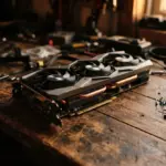 A triple-fan graphics card rests on a cluttered wooden workbench surrounded by electronic components and tools