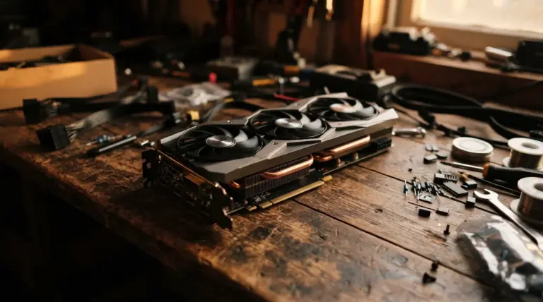 A triple-fan graphics card rests on a cluttered wooden workbench surrounded by electronic components and tools