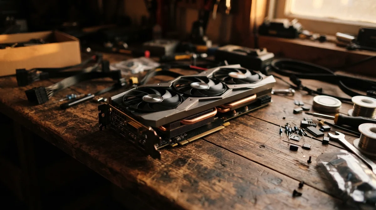 A triple-fan graphics card rests on a cluttered wooden workbench surrounded by electronic components and tools