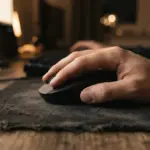 A person's right hand rests on a computer mouse placed on a frayed mousepad on a wooden desk