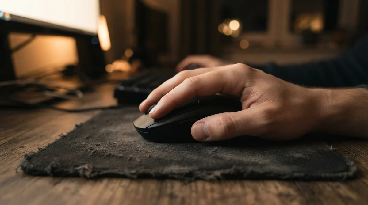 A person's right hand rests on a computer mouse placed on a frayed mousepad on a wooden desk