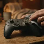 A person wipes a dusty black video game controller with a grey cloth on a wooden table