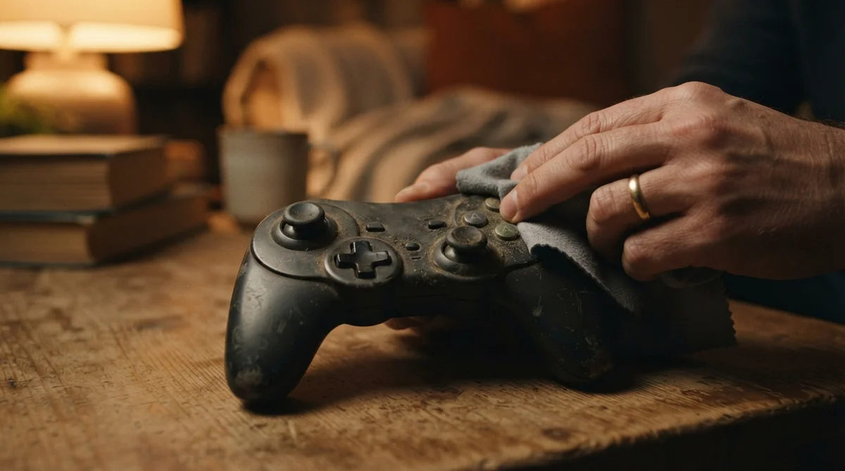 A person wipes a dusty black video game controller with a grey cloth on a wooden table