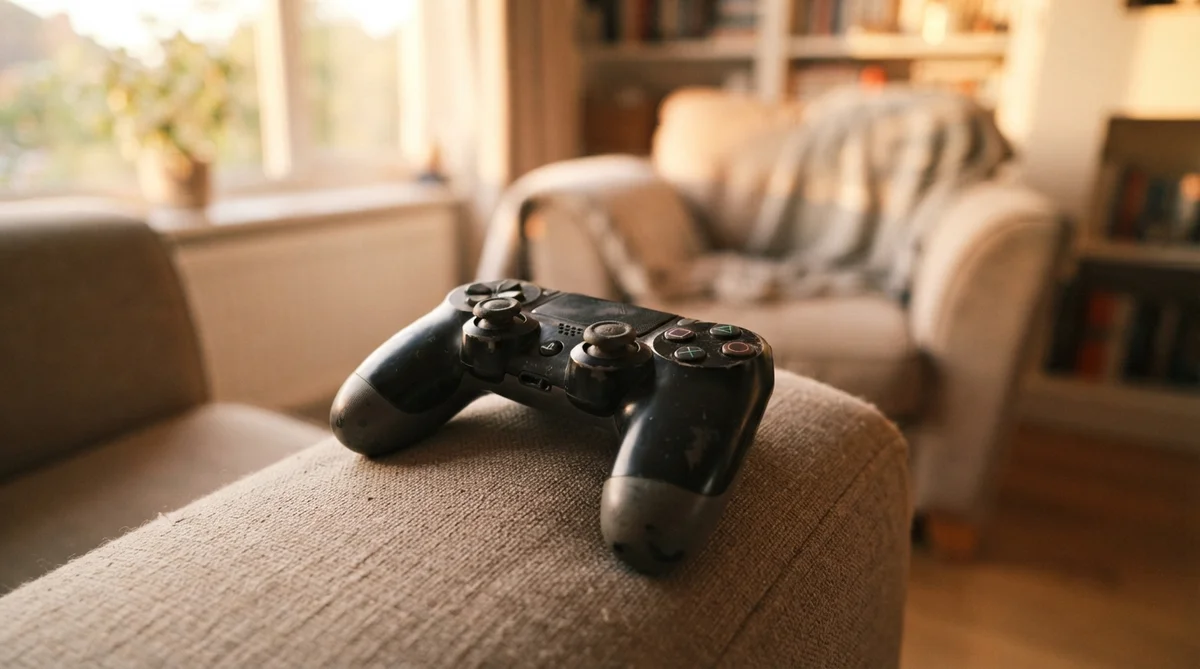 A black PlayStation controller resting on a textured fabric sofa in a sunlit living room