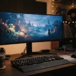 A premium PC gaming monitor anchors a lived-in desk setup, subtly illuminated by a soft, warm glow from an implied game