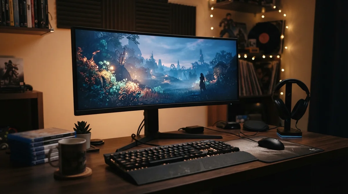 A premium PC gaming monitor anchors a lived-in desk setup, subtly illuminated by a soft, warm glow from an implied game
