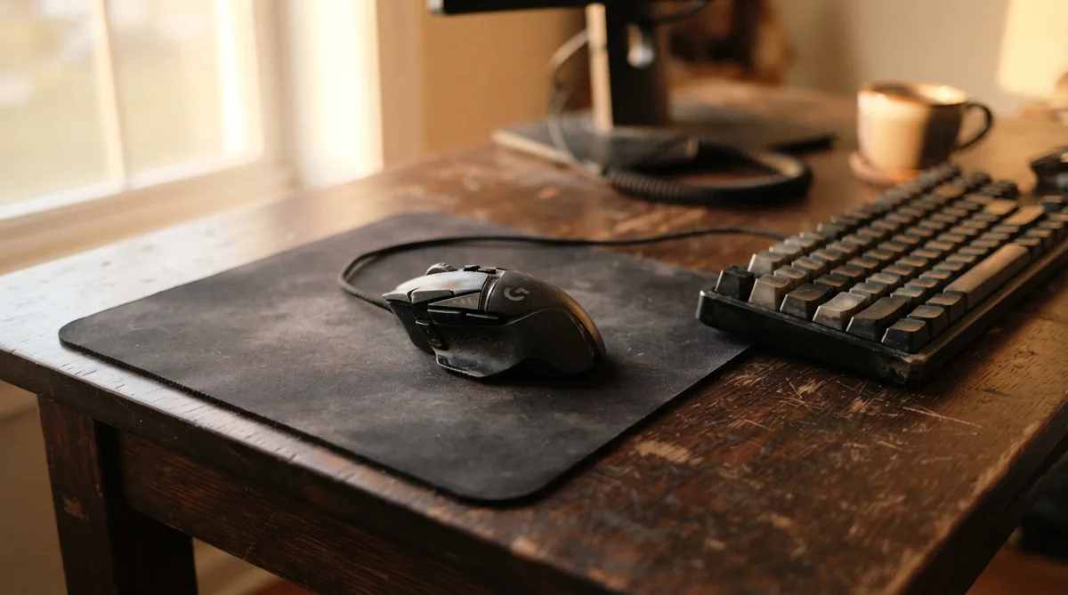 A black computer mouse sits on a mousepad next to a keyboard on a rustic wooden desk