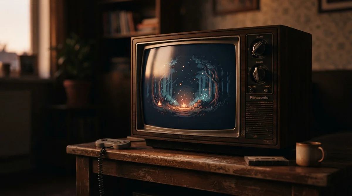 A vintage Panasonic television displaying a campfire pixel art scene sits on a wooden table beside a controller