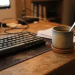 A ceramic mug with a spoon sits on a wooden desk next to a mechanical keyboard and papers