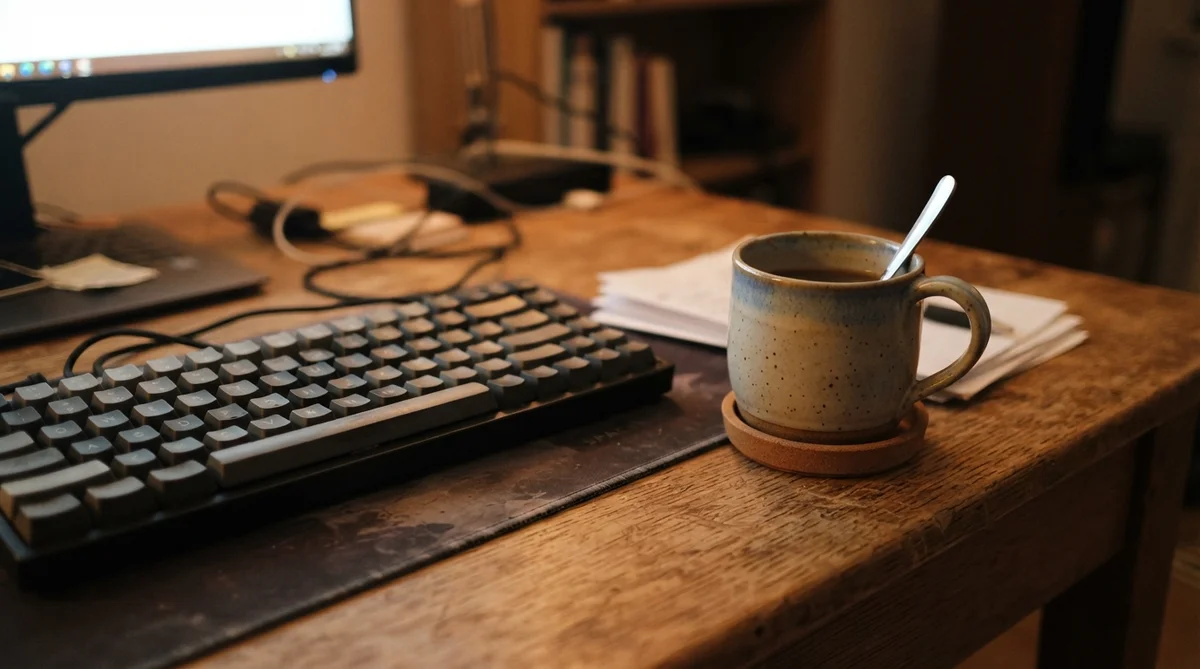 A ceramic mug with a spoon sits on a wooden desk next to a mechanical keyboard and papers