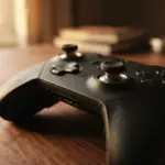 A black game controller resting on a wooden surface with a stack of papers in the background