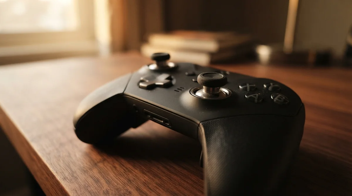 A black game controller resting on a wooden surface with a stack of papers in the background